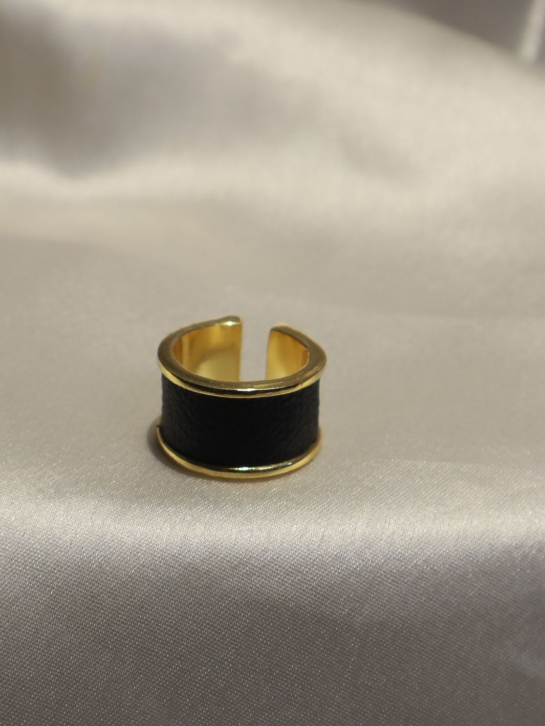 Plant Leather Black Ring in Gold toned Cuff